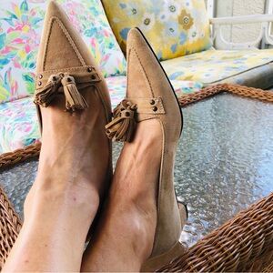 J Crew Collection Italian Suede Leather Tassel Loafer Low Heel, Pump Women’s 6.5
